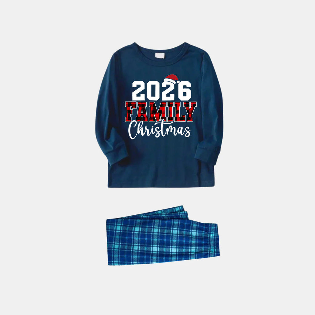 2026 Family Christmas Text Print Blue Long Sleeve Top With Blue Plaid Family Matching Pajamas
