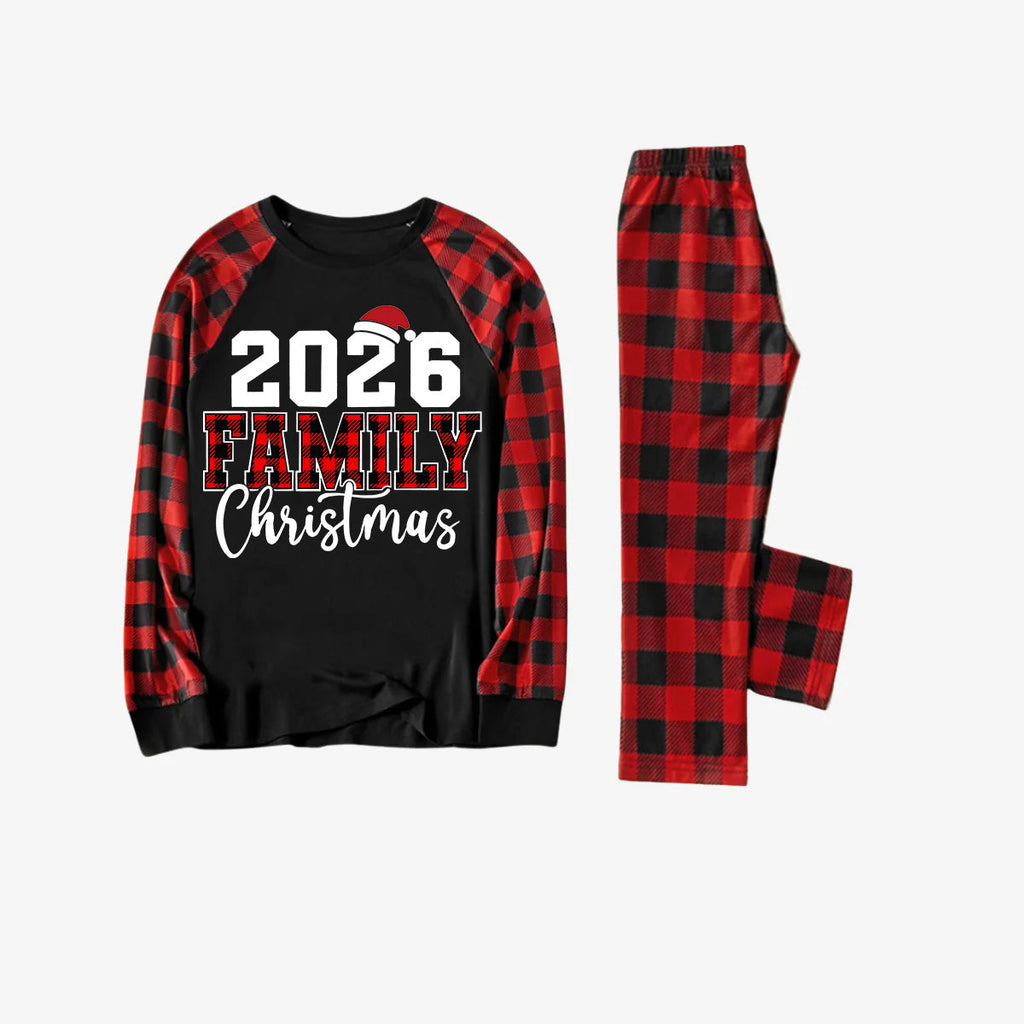"2026 Family Christmas" Text Print Black & Red Plaid Christmas Matching Pajamas