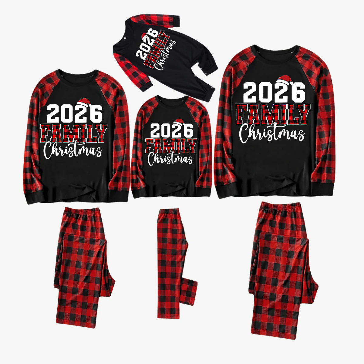 "2026 Family Christmas" Text Print Black & Red Plaid Christmas Matching Pajamas