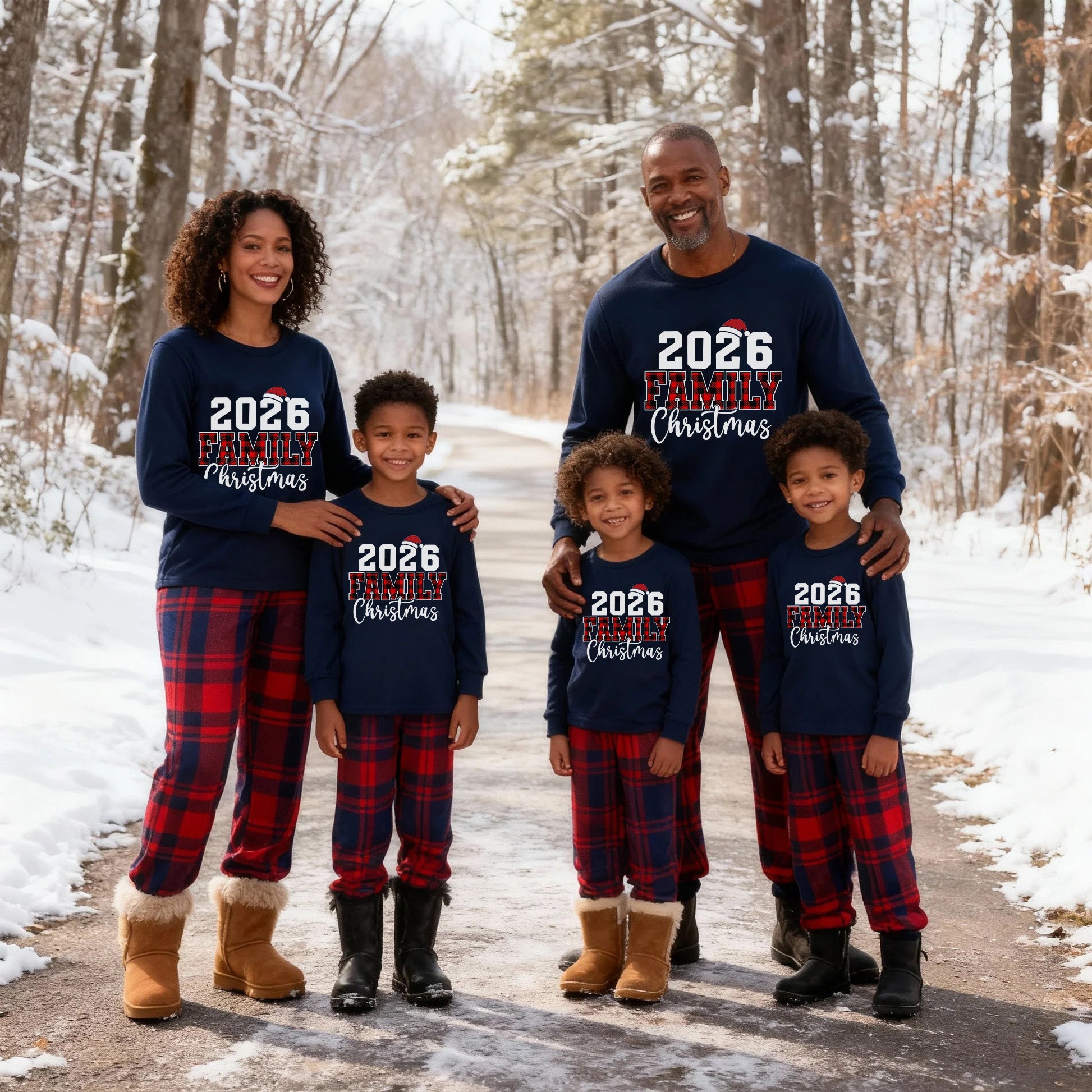 "2026 Christmas" Text and Santa Hat Prints Blue Long Sleeves Top with Red and Blue Plaid Pants Christmas Matching Pajamas