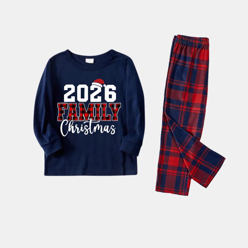 "2026 Christmas" Text and Santa Hat Prints Blue Long Sleeves Top with Red and Blue Plaid Pants Christmas Matching Pajamas