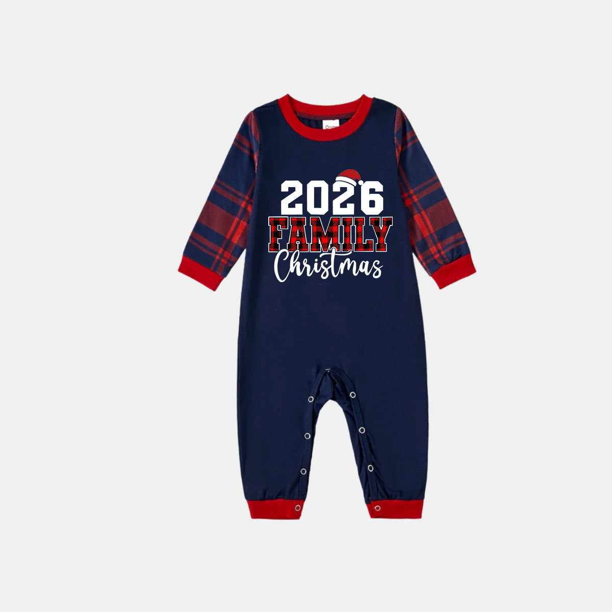 "2026 Christmas" Text and Santa Hat Prints Blue Long Sleeves Top with Red and Blue Plaid Pants Christmas Matching Pajamas