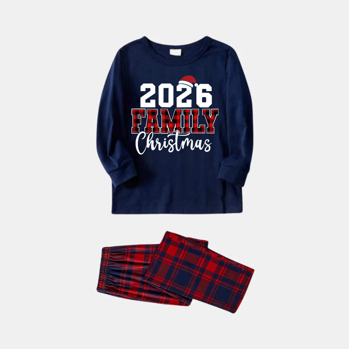 "2026 Christmas" Text and Santa Hat Prints Blue Long Sleeves Top with Red and Blue Plaid Pants Christmas Matching Pajamas