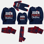 "2026 Christmas" Text and Santa Hat Prints Blue Long Sleeves Top with Red and Blue Plaid Pants Christmas Matching Pajamas
