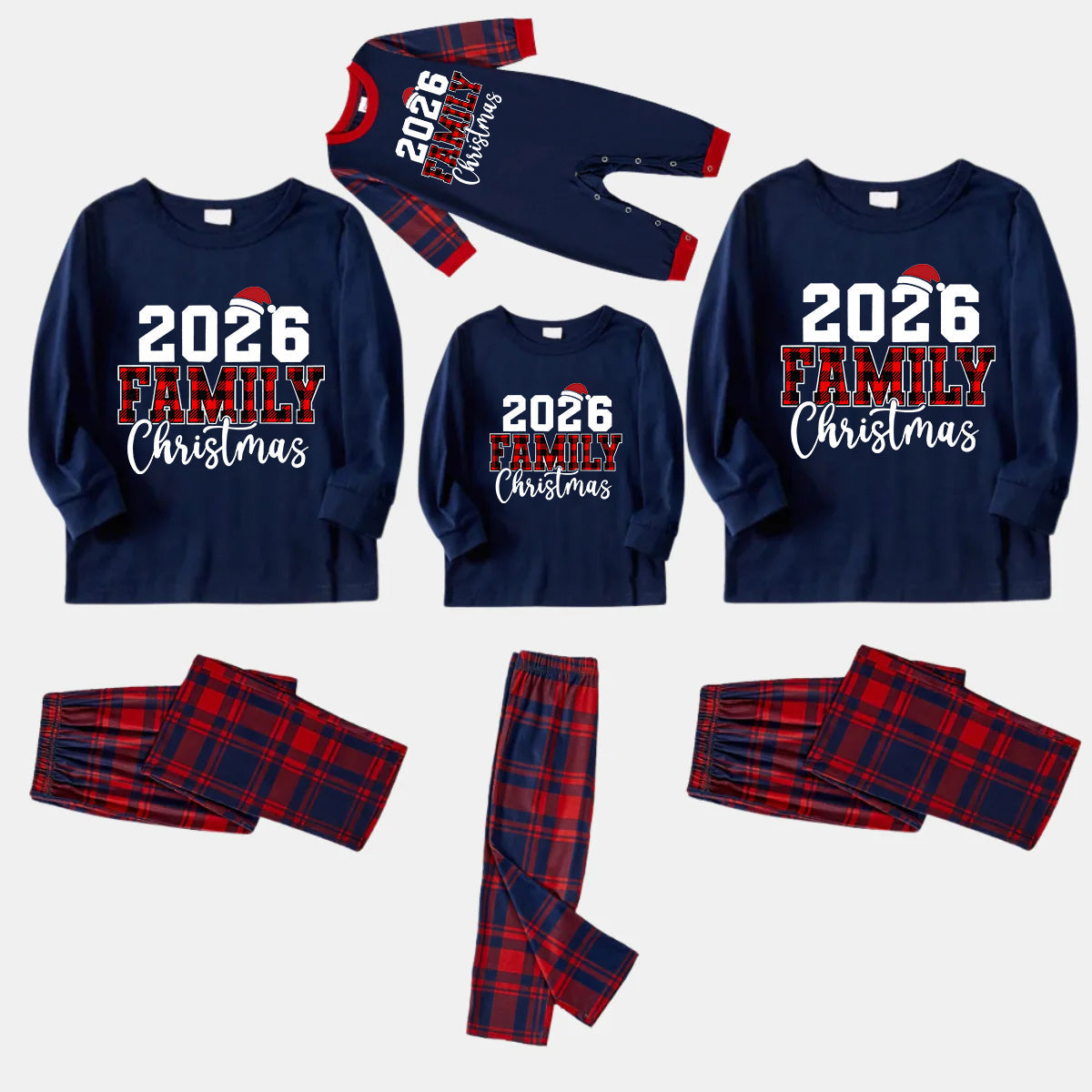 "2026 Christmas" Text and Santa Hat Prints Blue Long Sleeves Top with Red and Blue Plaid Pants Christmas Matching Pajamas