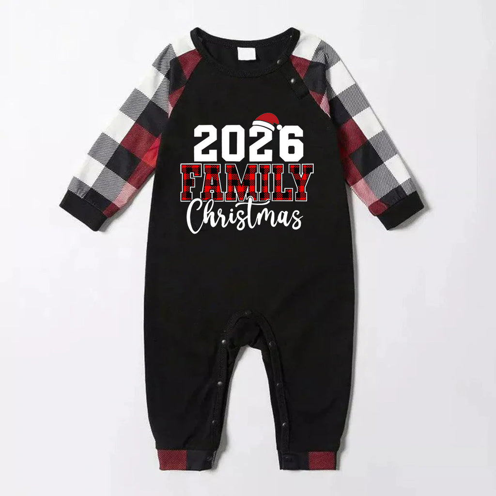 "2026 FNMILY Christmas " White and Red Text Printed Pattern - Black Top with Red&Black&White Plaid Sleeves - Family Matching Pajamas