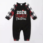 "2026 FNMILY Christmas " White and Red Text Printed Pattern - Black Top with Red&Black&White Plaid Sleeves - Family Matching Pajamas