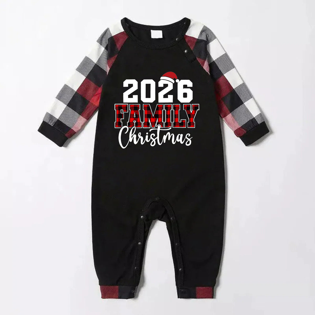 "2026 FNMILY Christmas " White and Red Text Printed Pattern - Black Top with Red&Black&White Plaid Sleeves - Family Matching Pajamas
