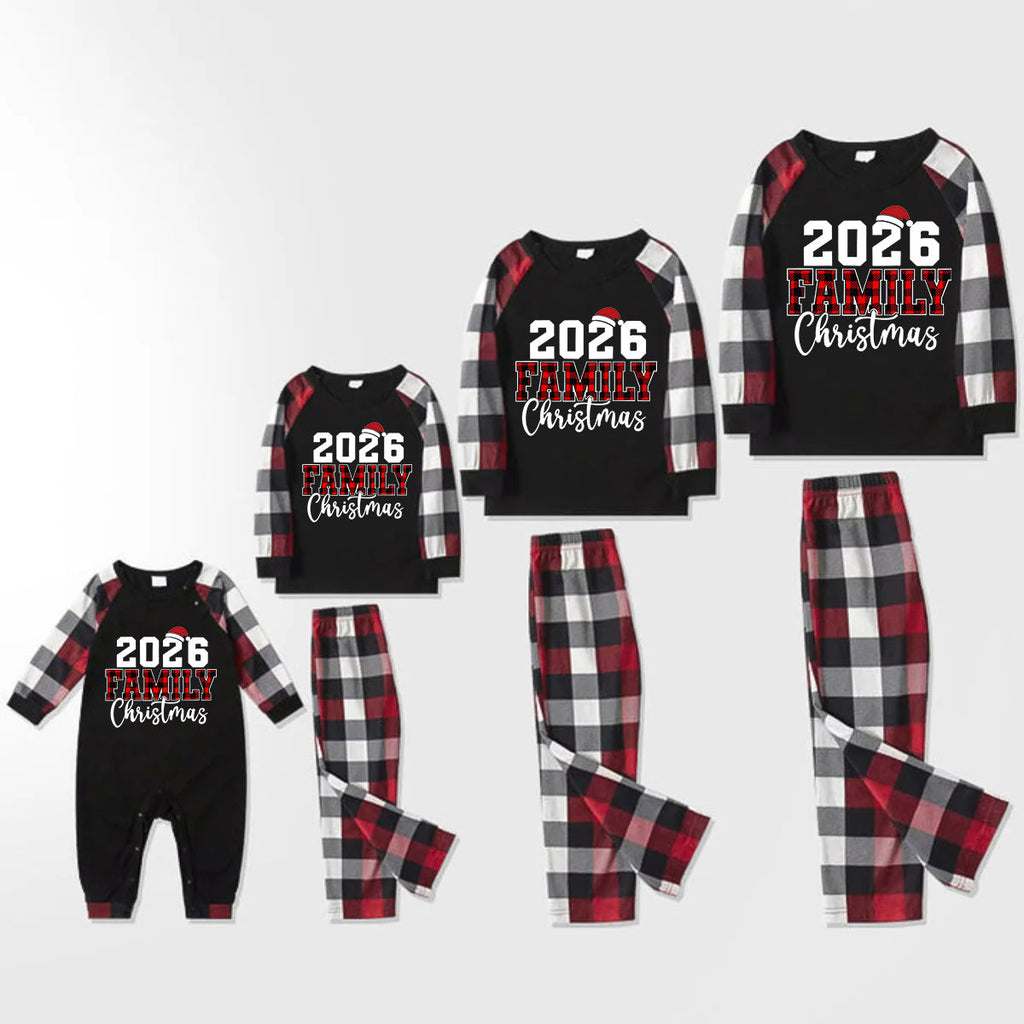 "2026 FNMILY Christmas " White and Red Text Printed Pattern - Black Top with Red&Black&White Plaid Sleeves - Family Matching Pajamas