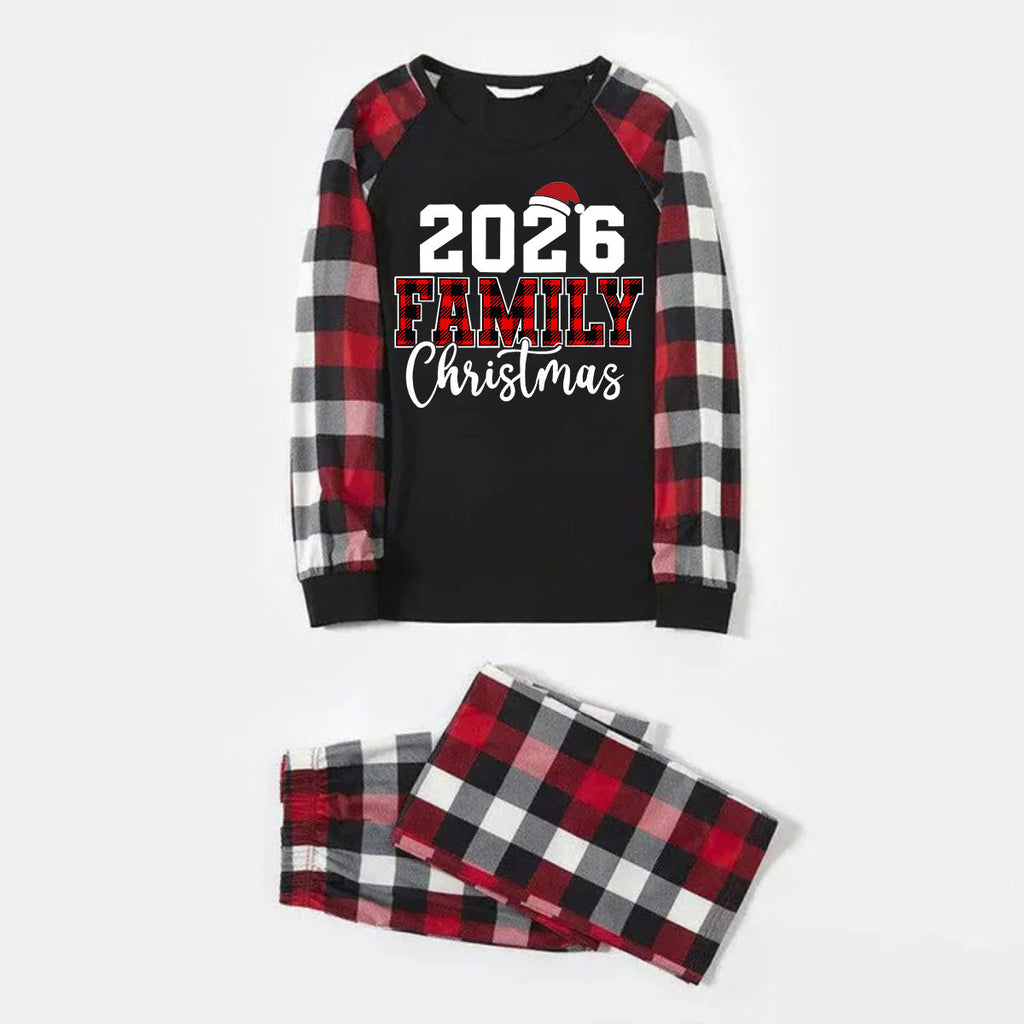 "2026 FNMILY Christmas " White and Red Text Printed Pattern - Black Top with Red&Black&White Plaid Sleeves - Family Matching Pajamas