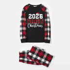"2026 FNMILY Christmas " White and Red Text Printed Pattern - Black Top with Red&Black&White Plaid Sleeves - Family Matching Pajamas