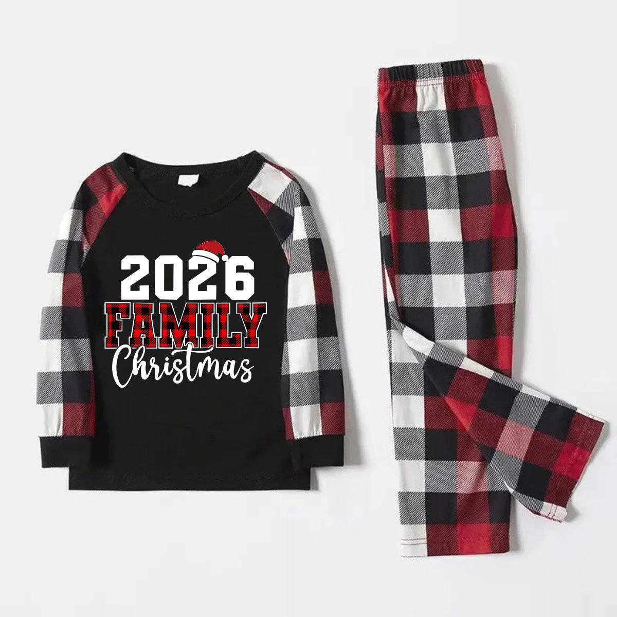 "2026 FNMILY Christmas " White and Red Text Printed Pattern - Black Top with Red&Black&White Plaid Sleeves - Family Matching Pajamas
