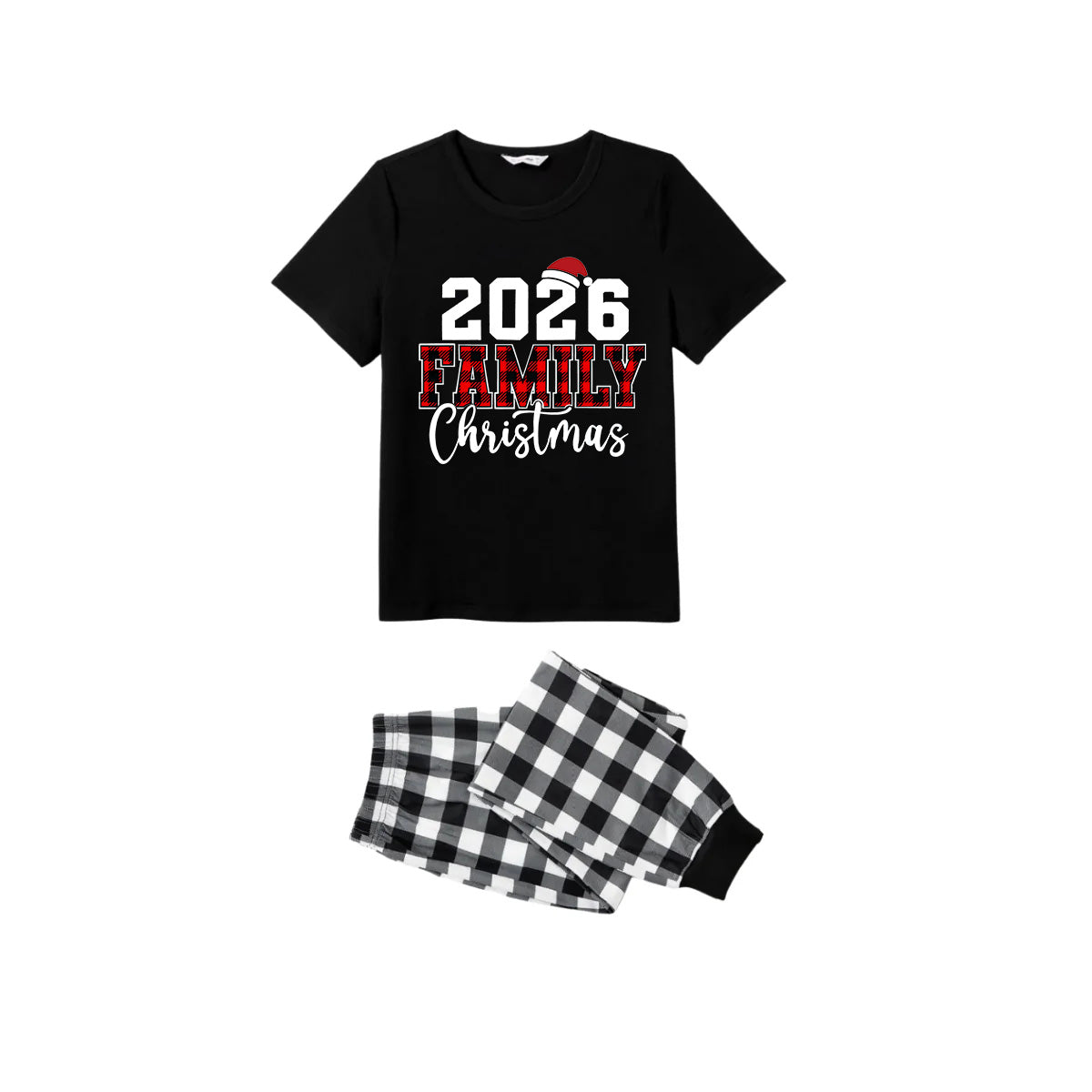 2026 Family Christmas Pajamas Set - Black Top Black and White Plaid Pants Red Plaid Text Graphic