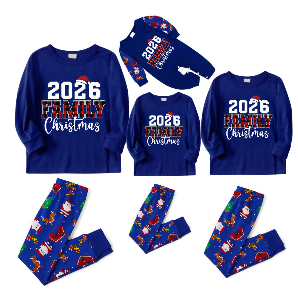 2026 Family Christmas Family Pajamas Set - Blue Top, Blue Pants, Blue Christmas Cartoon Sleeves, Letter Print