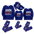 2026 Family Christmas Family Pajamas Set - Blue Top, Blue Pants, Blue Christmas Cartoon Sleeves, Letter Print