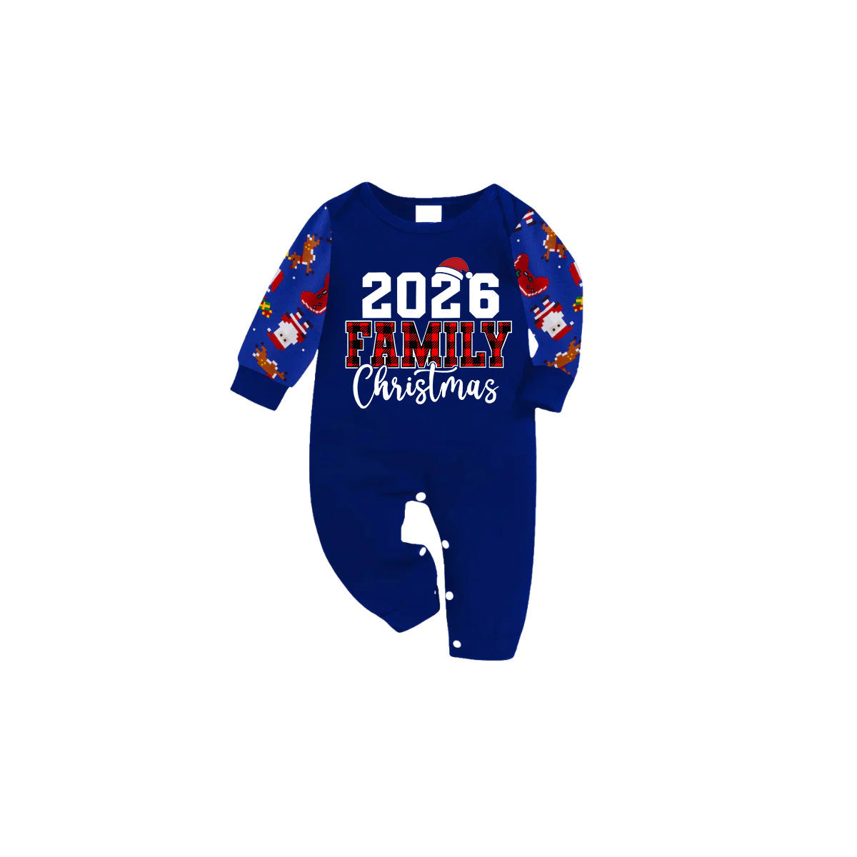 2026 Family Christmas Family Pajamas Set - Blue Top, Blue Pants, Blue Christmas Cartoon Sleeves, Letter Print