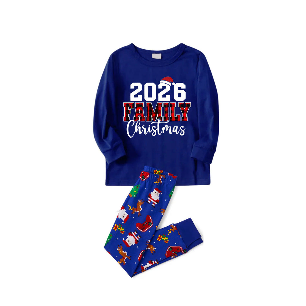 2026 Family Christmas Family Pajamas Set - Blue Top, Blue Pants, Blue Christmas Cartoon Sleeves, Letter Print