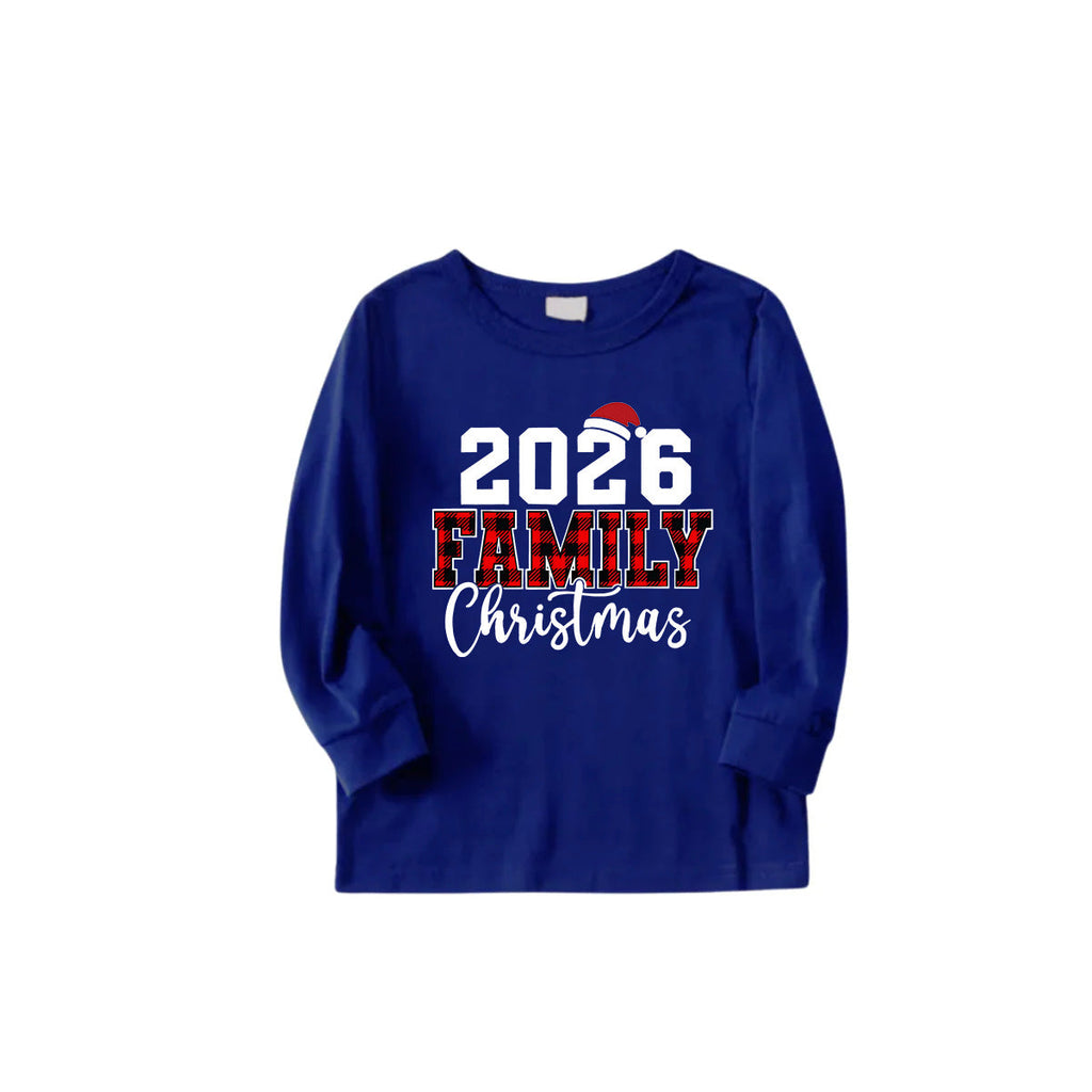 2026 Family Christmas Family Pajamas Set - Blue Top, Blue Pants, Blue Christmas Cartoon Sleeves, Letter Print