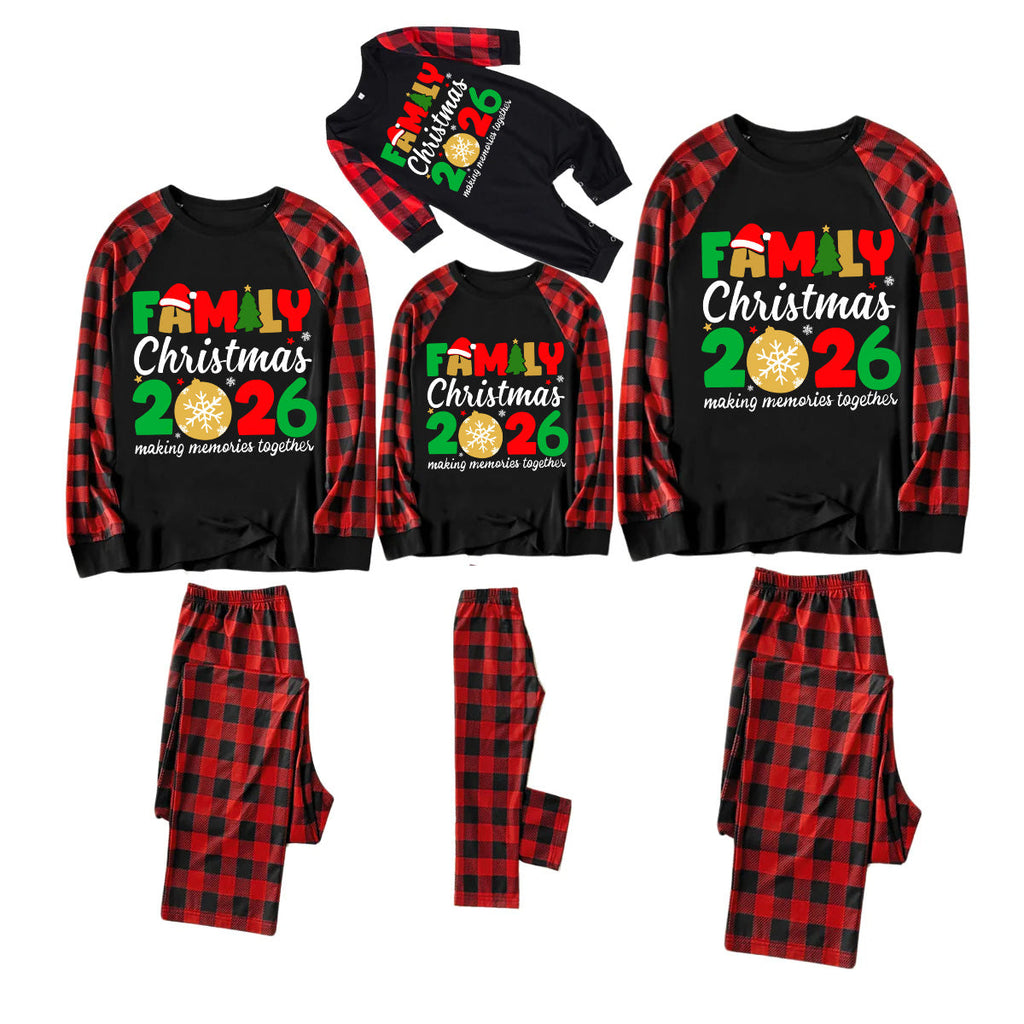 Cute "Family Christmas 2026" Text Print Black & Red Plaid Family Matching Pajamas