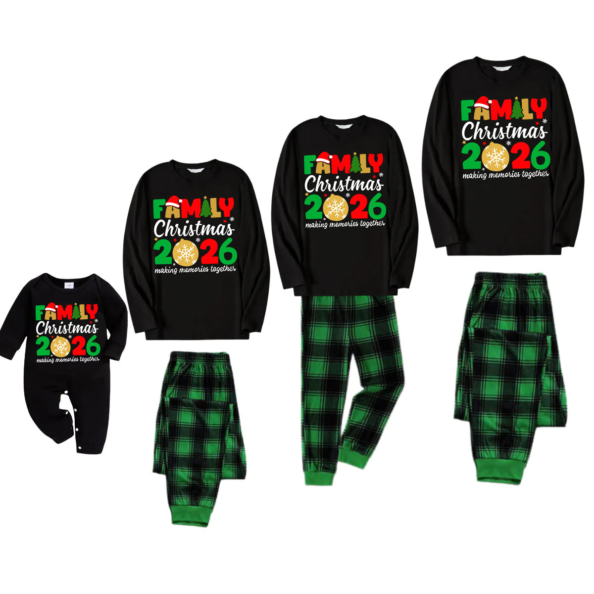 "Family Christmas 2026" Cute Pattern Printed Black and Green Plaid Family Matching Pajamas
