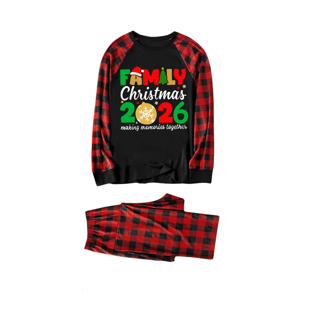 Cute "Family Christmas 2026" Text Print Black & Red Plaid Family Matching Pajamas
