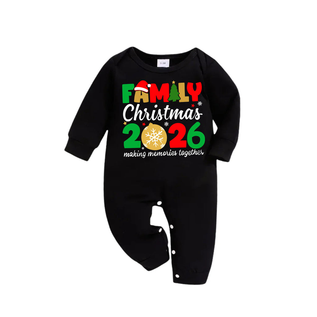 "Family Christmas 2026" Cute Pattern Printed Black and Green Plaid Family Matching Pajamas