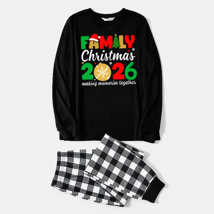 "Family Christmas 2026" Cute Text and Santa Hat Prints Black Long Sleeve Top with Black And White Plaid Pants Family Matching Pajamas