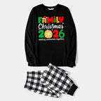 "Family Christmas 2026" Cute Text and Santa Hat Prints Black Long Sleeve Top with Black And White Plaid Pants Family Matching Pajamas