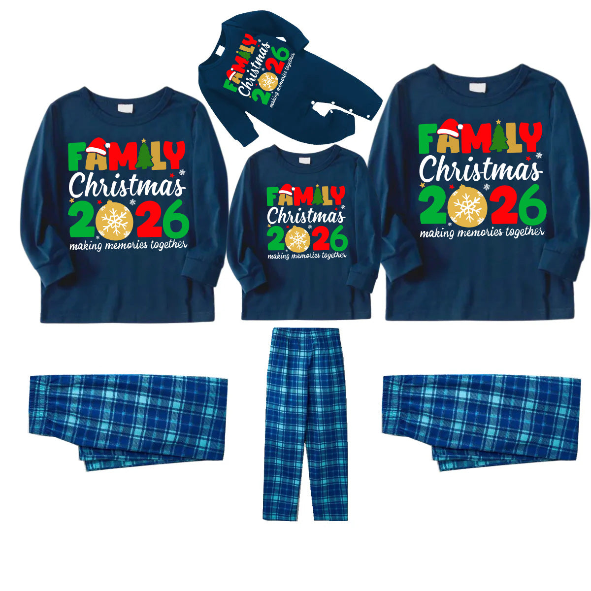 "Family Christmas 2026" Cute Text and Santa Hat Prints Blue Long Sleeve Top With Blue Plaid Family Matching Pajamas