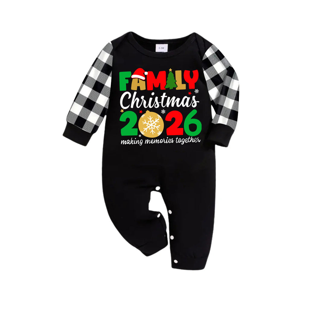 "Family Christmas 2026" Cute Text and Santa Hat Prints Black Long Sleeve Top with Black And White Plaid Pants Family Matching Pajamas