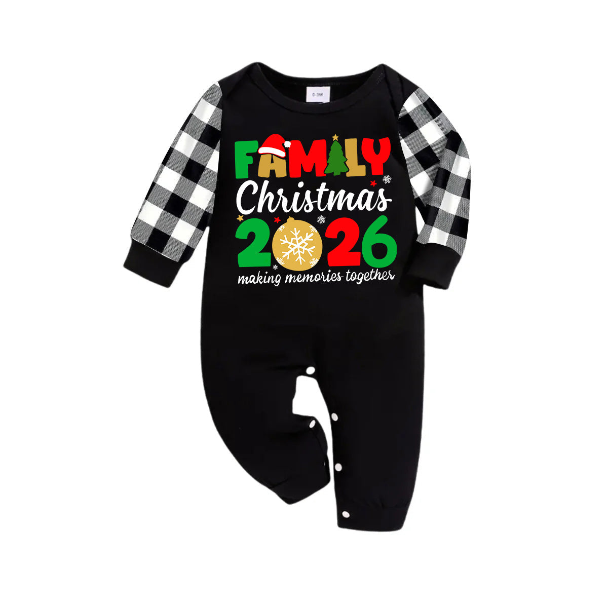"Family Christmas 2026" Cute Text and Santa Hat Prints Black Long Sleeve Top with Black And White Plaid Pants Family Matching Pajamas