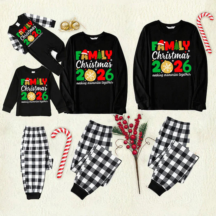 "Family Christmas 2026" Cute Text and Santa Hat Prints Black Long Sleeve Top with Black And White Plaid Pants Family Matching Pajamas