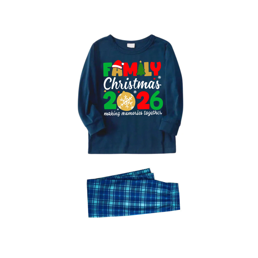 "Family Christmas 2026" Cute Text and Santa Hat Prints Blue Long Sleeve Top With Blue Plaid Family Matching Pajamas