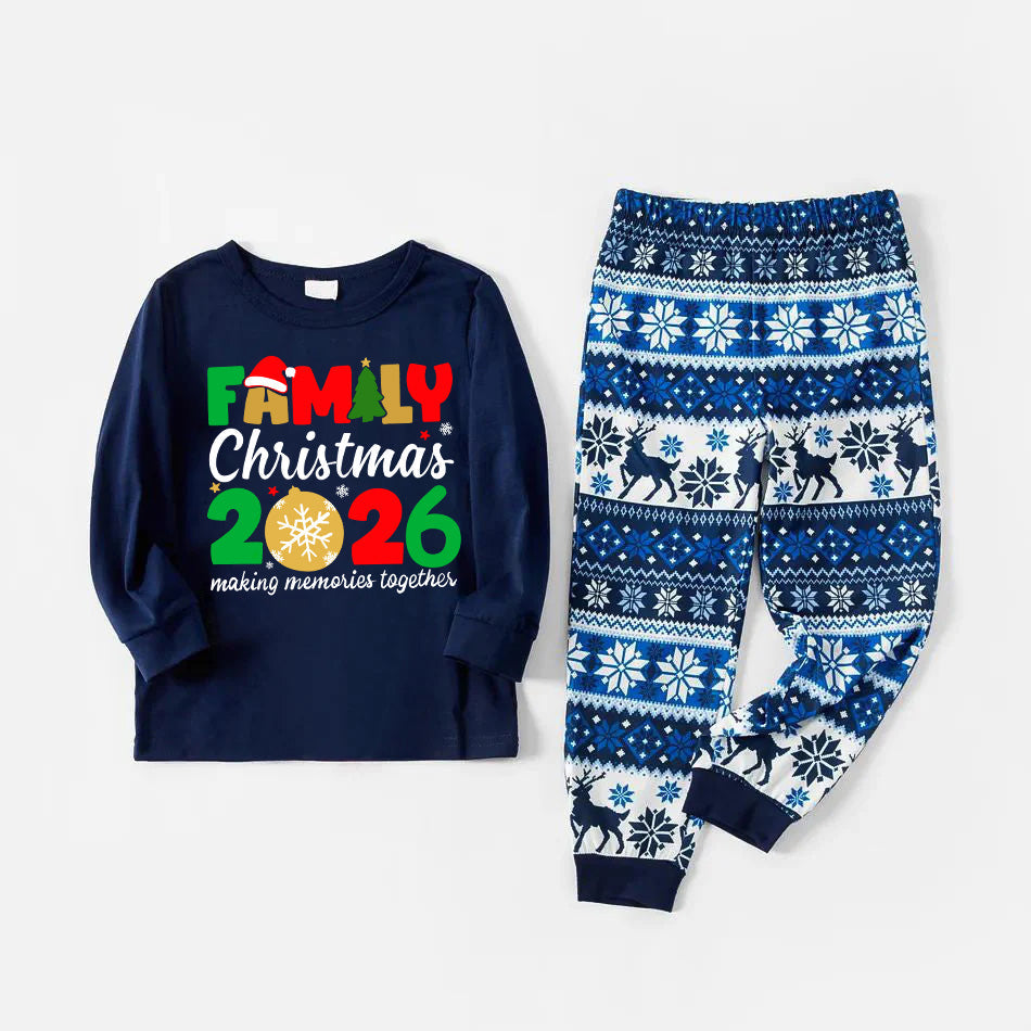 Cute Family Christmas 2026 Text Print Blue Family Christmas Matching Pajamas