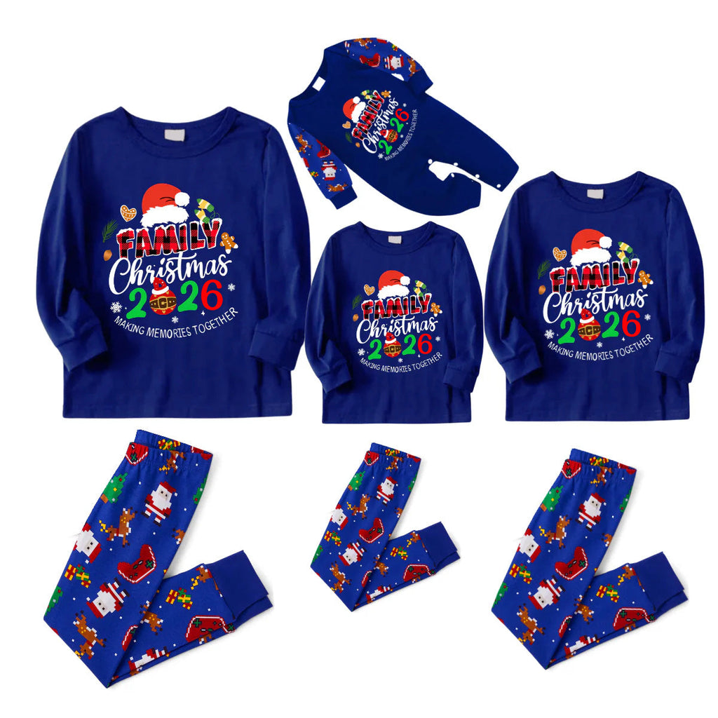 Merry Christmas 2026 Making Memories Family Pajamas Set - Blue Top, Blue Pants, Christmas Cartoon Sleeves, Santa & Gingerbread Print