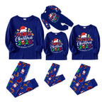 Merry Christmas 2026 Making Memories Family Pajamas Set - Blue Top, Blue Pants, Christmas Cartoon Sleeves, Santa & Gingerbread Print