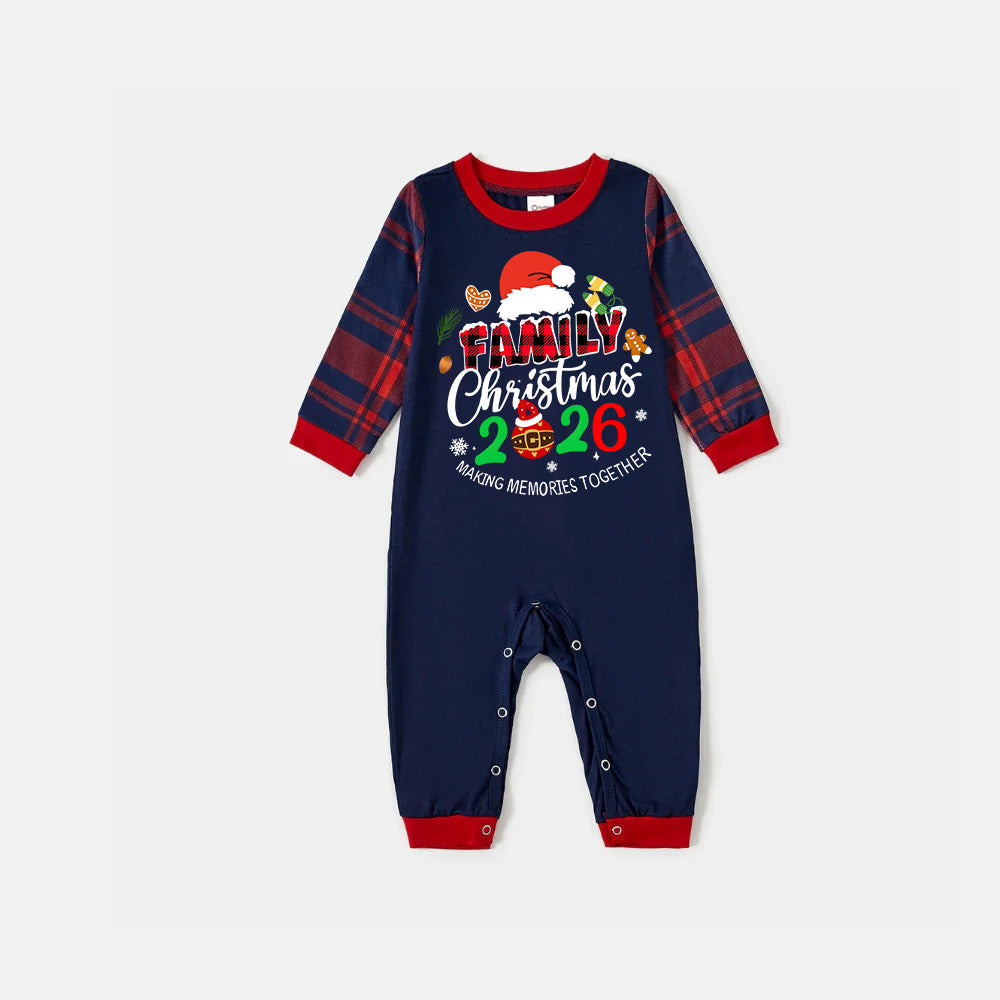 "Family Christmas 2026" Text and Santa Hat Prints Blue Long Sleeves Top with Red and Blue Plaid Pants Christmas Matching Pajamas