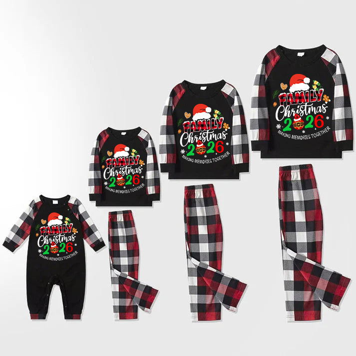 Santa Hat And "Family Christmas 2026 " Colorful Text Printed Pattern - Black Top with Red&Black&White Plaid Sleeves - Family Matching Pajamas