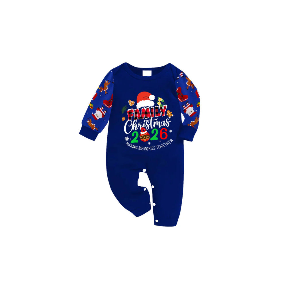 Merry Christmas 2026 Making Memories Family Pajamas Set - Blue Top, Blue Pants, Christmas Cartoon Sleeves, Santa & Gingerbread Print