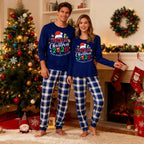 "Family Christmas 2026 Making Memories Together" Text and Santa Hat Printed Blue and White Plaid Couple Matching Pajamas