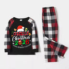 Santa Hat And "Family Christmas 2026 " Colorful Text Printed Pattern - Black Top with Red&Black&White Plaid Sleeves - Family Matching Pajamas