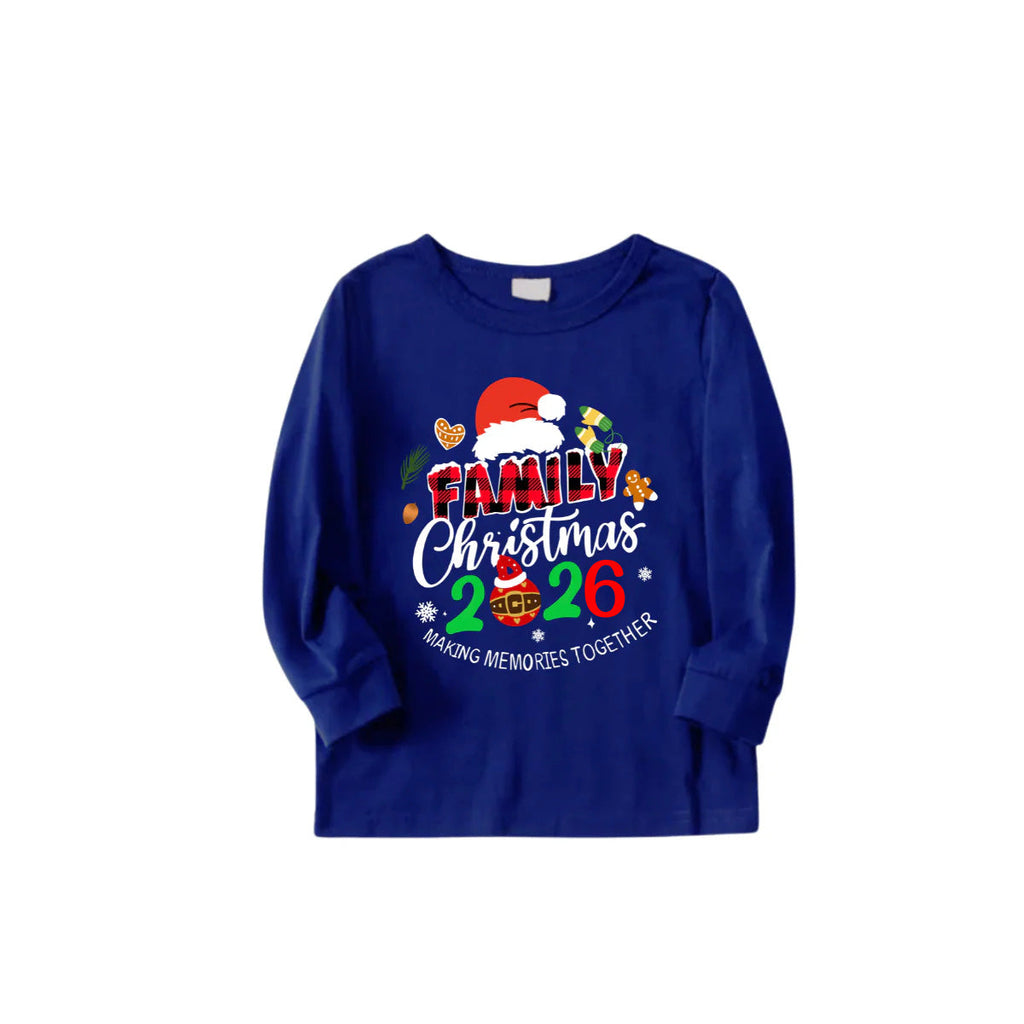 Merry Christmas 2026 Making Memories Family Pajamas Set - Blue Top, Blue Pants, Christmas Cartoon Sleeves, Santa & Gingerbread Print