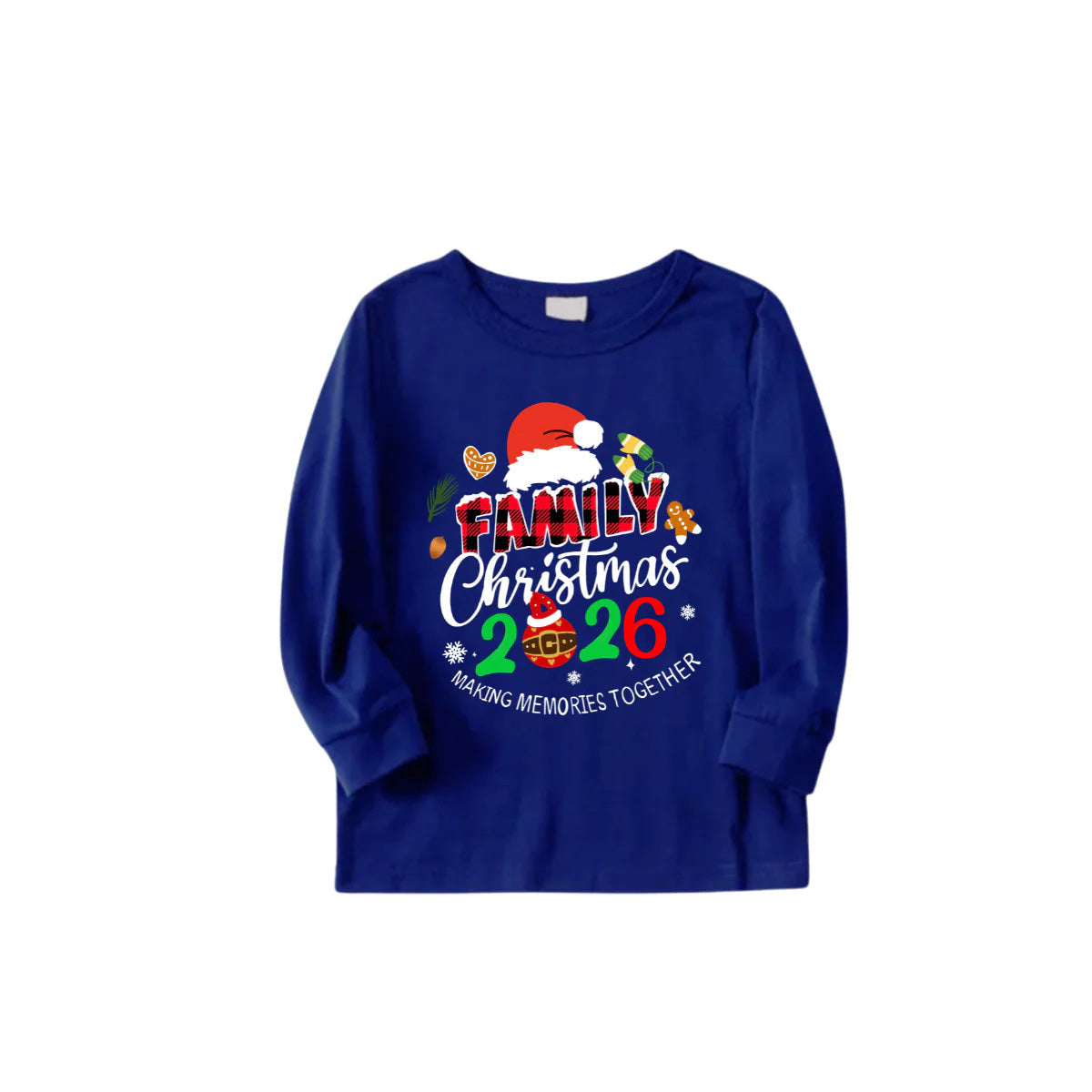 Merry Christmas 2026 Making Memories Family Pajamas Set - Blue Top, Blue Pants, Christmas Cartoon Sleeves, Santa & Gingerbread Print