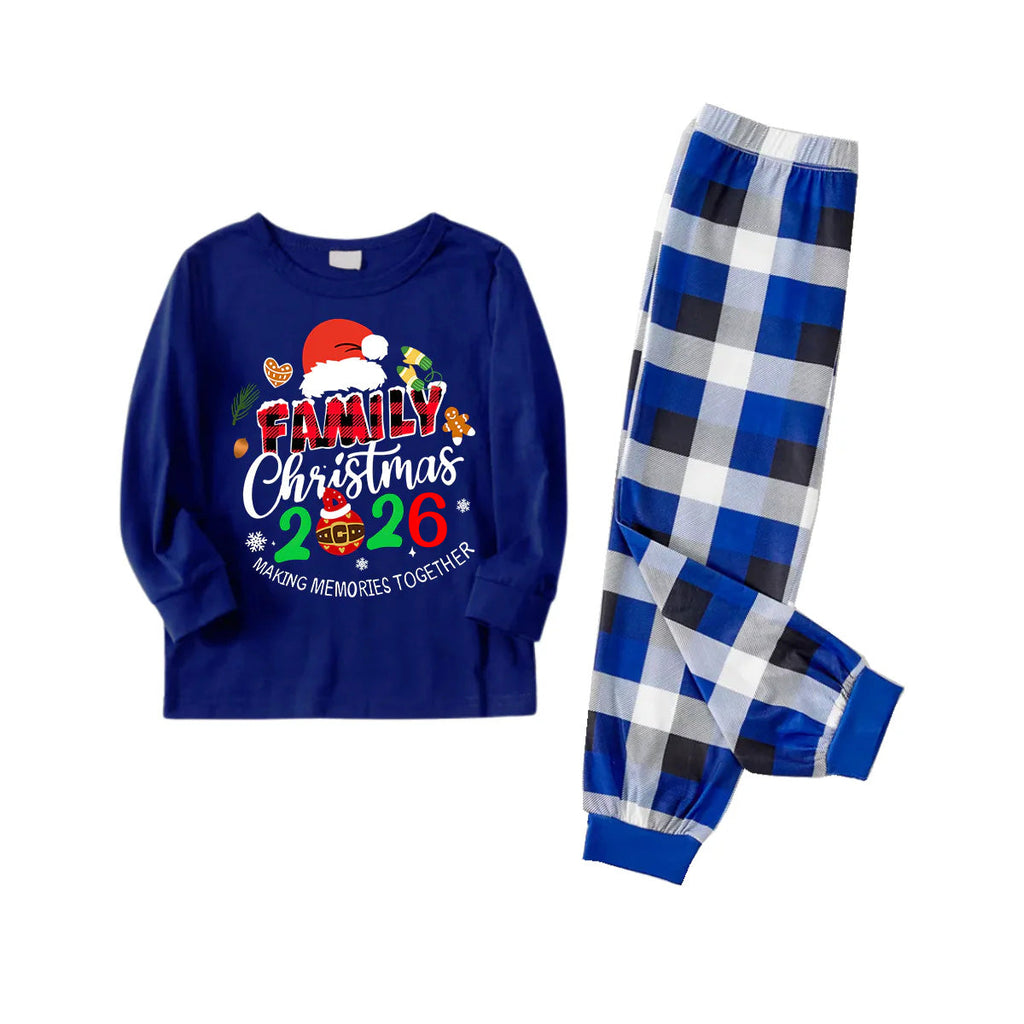 "Family Christmas 2026 Making Memories Together" Text and Santa Hat Printed Blue and White Plaid Couple Matching Pajamas