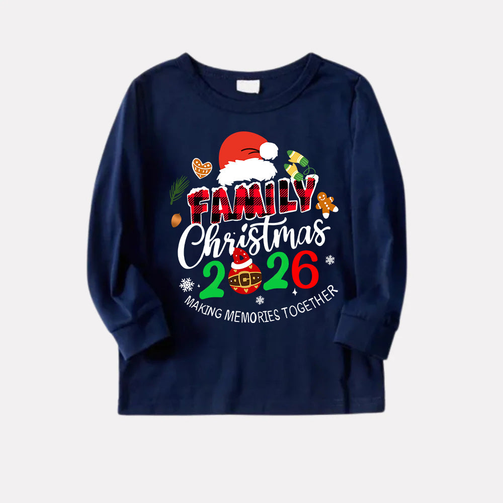 "Family Christmas 2026" Text and Santa Hat Prints Blue Long Sleeves Top with Red and Blue Plaid Pants Christmas Matching Pajamas