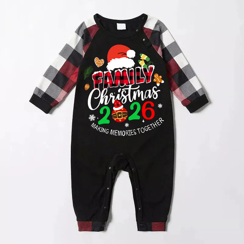 Santa Hat And "Family Christmas 2026 " Colorful Text Printed Pattern - Black Top with Red&Black&White Plaid Sleeves - Family Matching Pajamas
