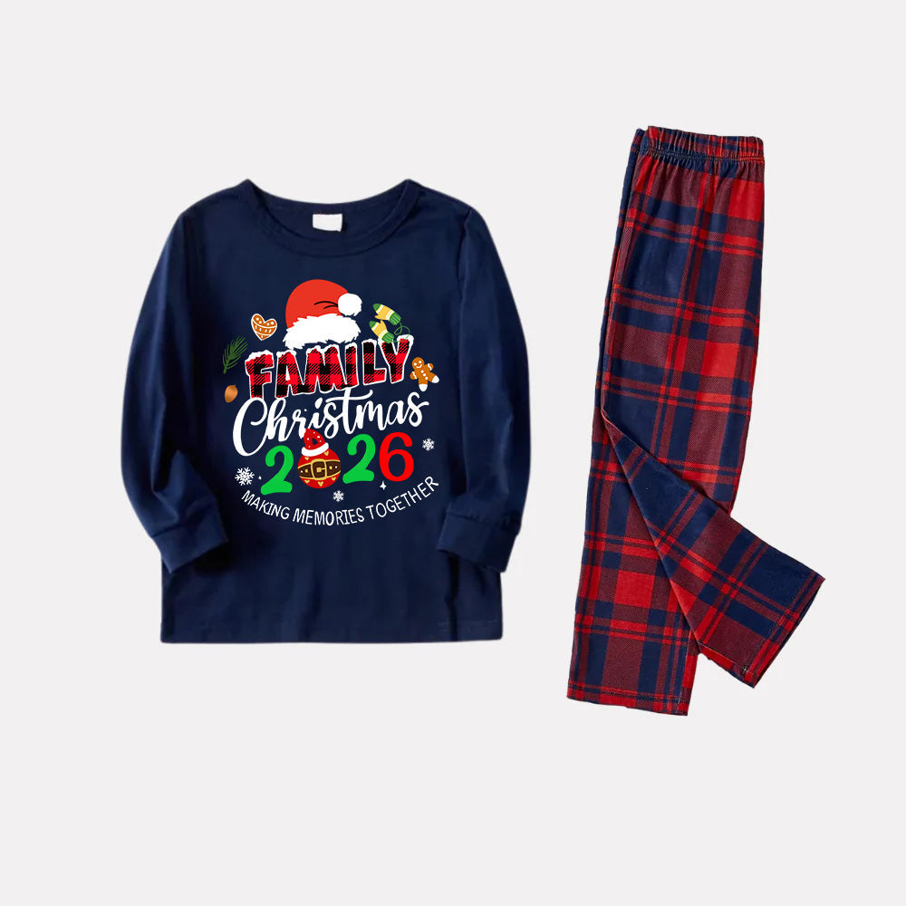 "Family Christmas 2026" Text and Santa Hat Prints Blue Long Sleeves Top with Red and Blue Plaid Pants Christmas Matching Pajamas