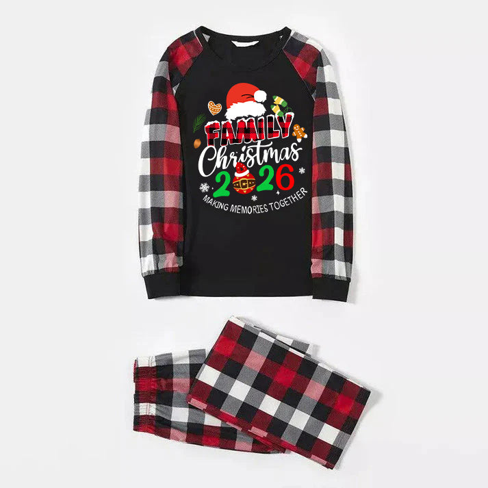 Santa Hat And "Family Christmas 2026 " Colorful Text Printed Pattern - Black Top with Red&Black&White Plaid Sleeves - Family Matching Pajamas