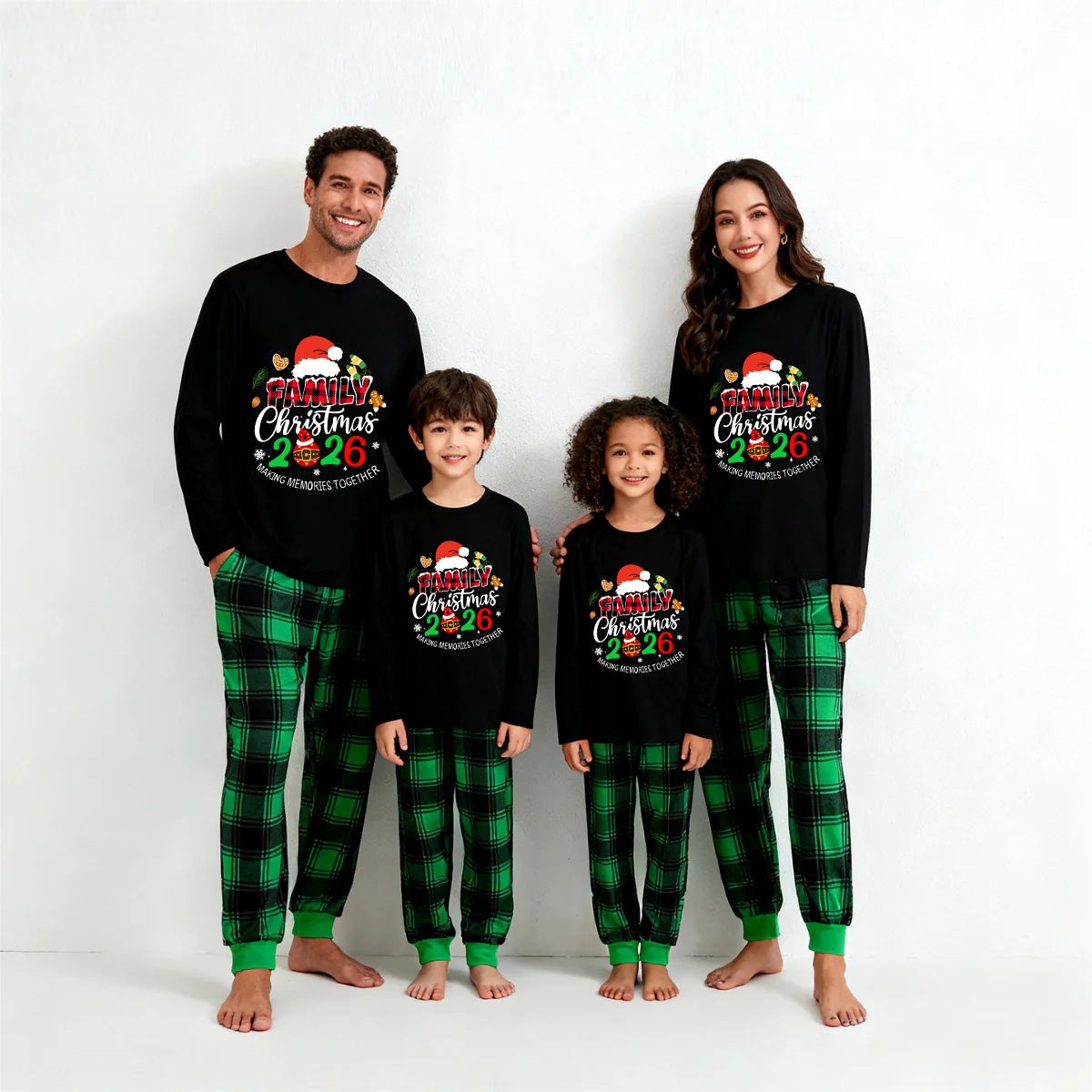 "Making Memories Together Christmas 2026" Print Black and Green Plaid Pants Family Matching Pajamas