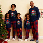 "Family Christmas 2026" Text and Santa Hat Prints Blue Long Sleeves Top with Red and Blue Plaid Pants Christmas Matching Pajamas